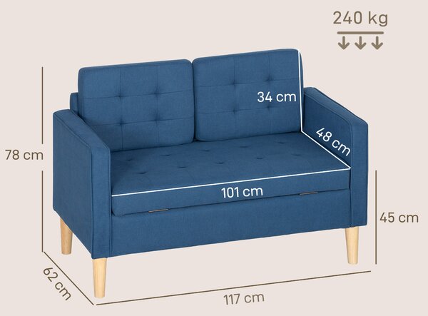 HOMCOM Divano 2 posti con contenitore e rivestimento capitonné, 117x62x78 cm, Blu | Aosom Italy