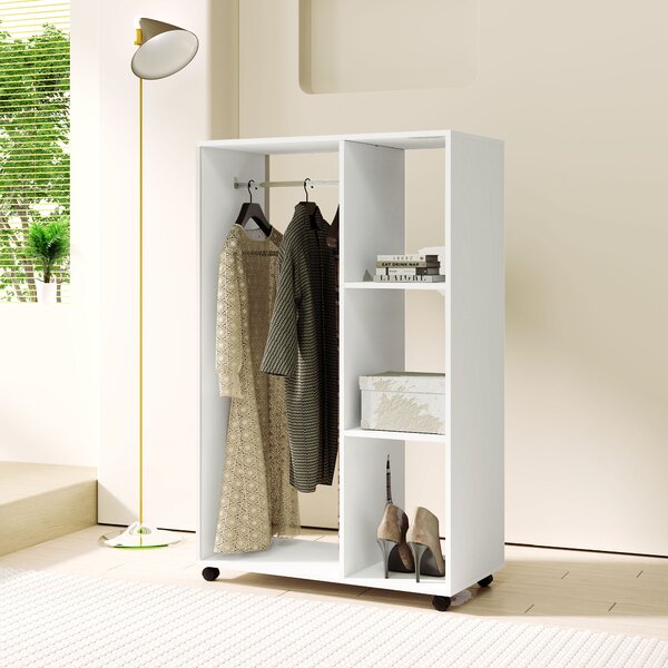 HOMCOM Armadio appendiabiti su ruote con barra e ripiano, 80x40x128 cm, Bianco | Aosom Italy