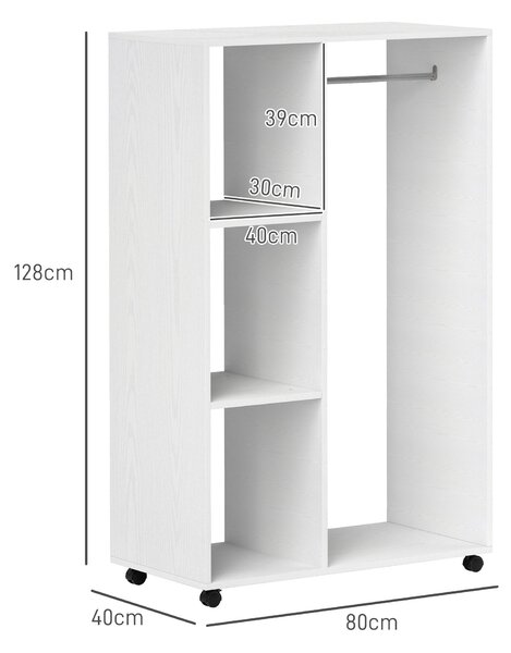 HOMCOM Armadio appendiabiti su ruote con barra e ripiano, 80x40x128 cm, Bianco | Aosom Italy