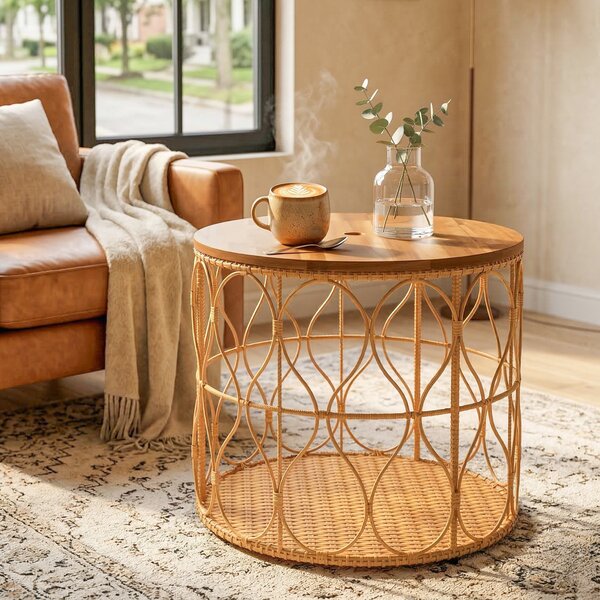 Outsunny Tavolino laterale Ø50 cm effetto rattan con piano acacia, Teak | Aosom Italy