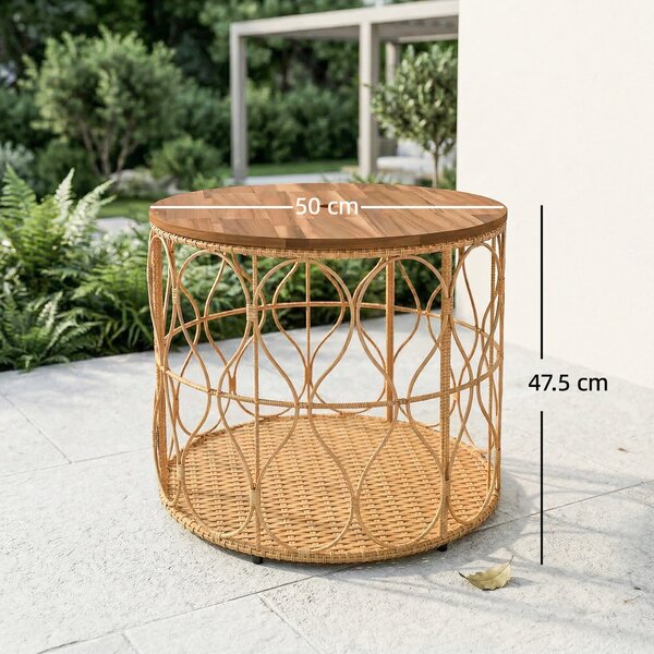 Outsunny Tavolino laterale Ø50 cm effetto rattan con piano acacia, Teak | Aosom Italy
