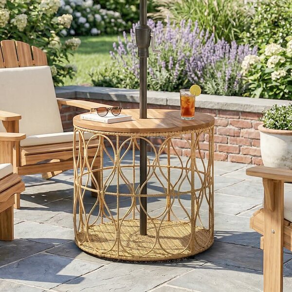 Outsunny Tavolino laterale Ø50 cm effetto rattan con piano acacia, Teak | Aosom Italy