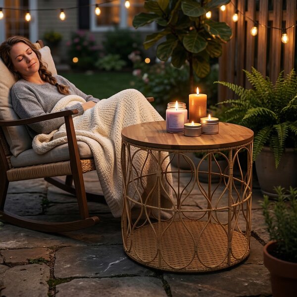 Outsunny Tavolino laterale Ø50 cm effetto rattan con piano acacia, Teak | Aosom Italy