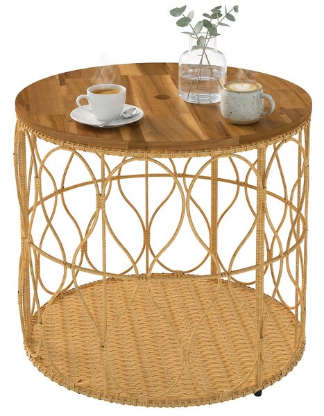 Outsunny Tavolino laterale Ø50 cm effetto rattan con piano acacia, Teak | Aosom Italy