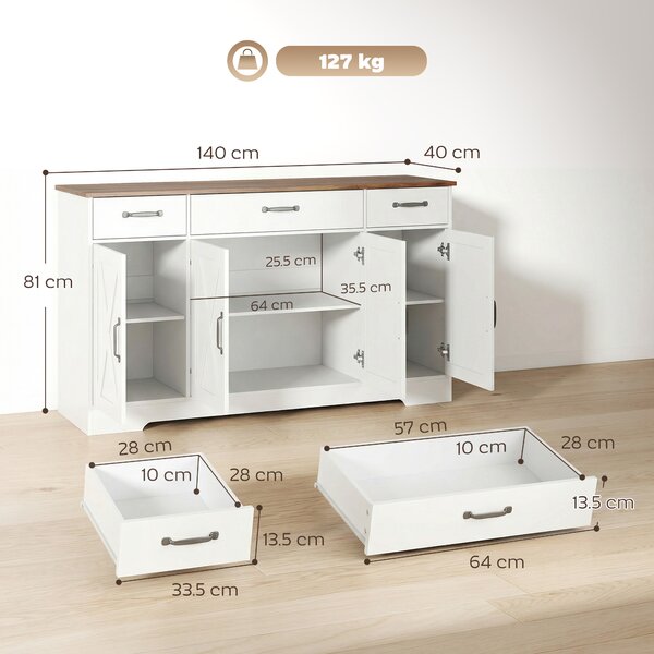 HOMCOM Credenza cucina country con 4 ante fienile, 3 cassetti e ripiani, Bianco | Aosom Italy