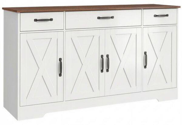 HOMCOM Credenza cucina country con 4 ante fienile, 3 cassetti e ripiani, Bianco | Aosom Italy