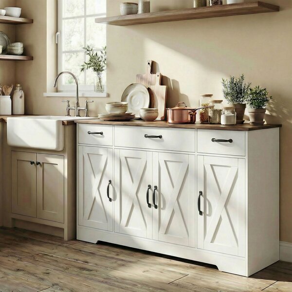 HOMCOM Credenza cucina country con 4 ante fienile, 3 cassetti e ripiani, Bianco | Aosom Italy