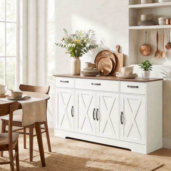 HOMCOM Credenza cucina country con 4 ante fienile, 3 cassetti e ripiani, Bianco | Aosom Italy