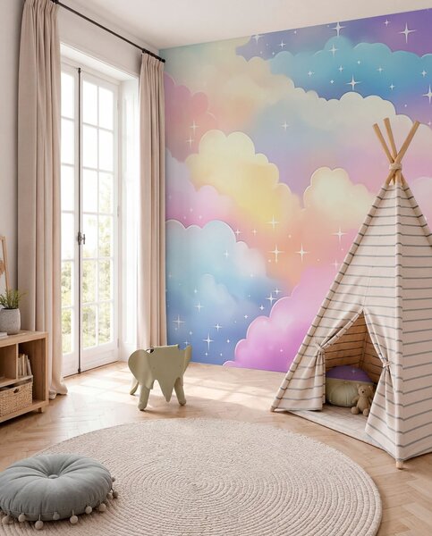 Carta da parati Nuvole con stelle, Carta da parati per Bambini, Carta da parati per bambini Arcobaleno, w04585 : Uwalls.it