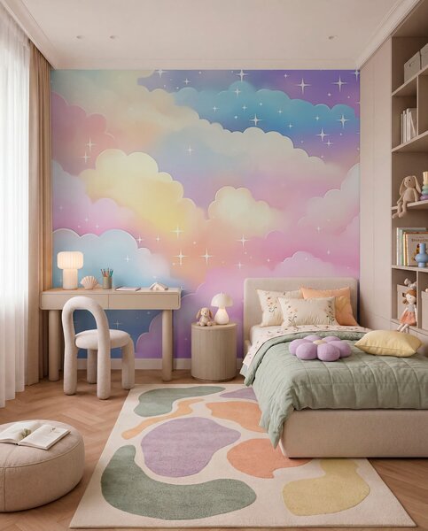 Carta da parati Nuvole con stelle, Carta da parati per Bambini, Carta da parati per bambini Arcobaleno, w04585 : Uwalls.it