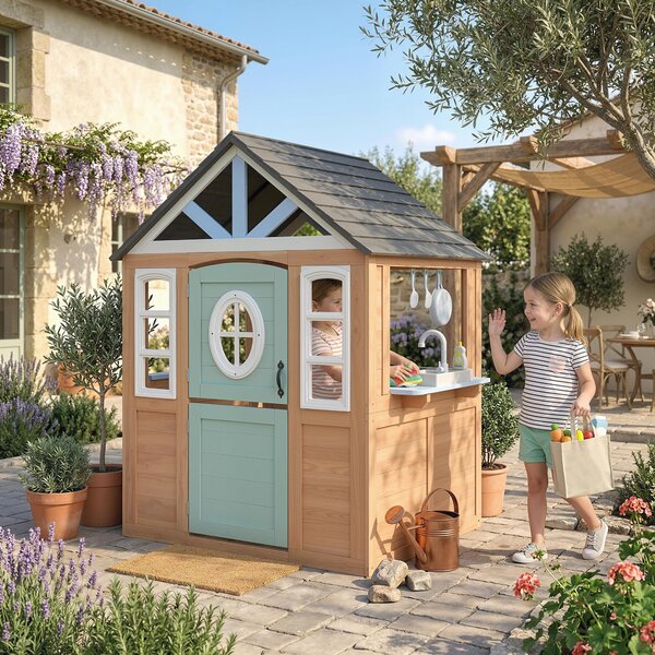 AIYAPLAY Casetta bambini legno con cucina e porticina animali, Legno naturale | Aosom Italy