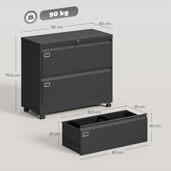 HOMCOM Cassettiera archivio con 2 cassetti e guide sospese, 90x40x77,4 cm, Nero | Aosom Italy