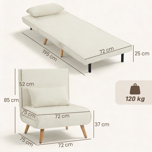HOMCOM Chaise longue letto 3 in 1 con schienale a 5 posizioni e cuscino, Crema | Aosom Italy