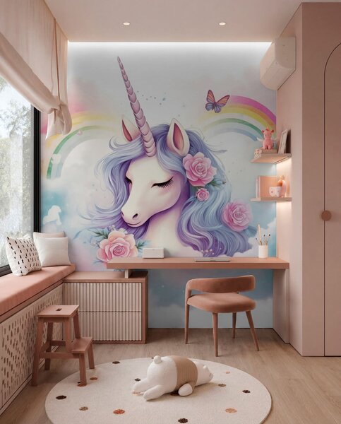 Carta da parati Unicorno pastello tra le nuvole con arcobaleno e rose, Carta da parati per Bambini, Carta da parati gli unicorni, w03990 : Uwalls.it