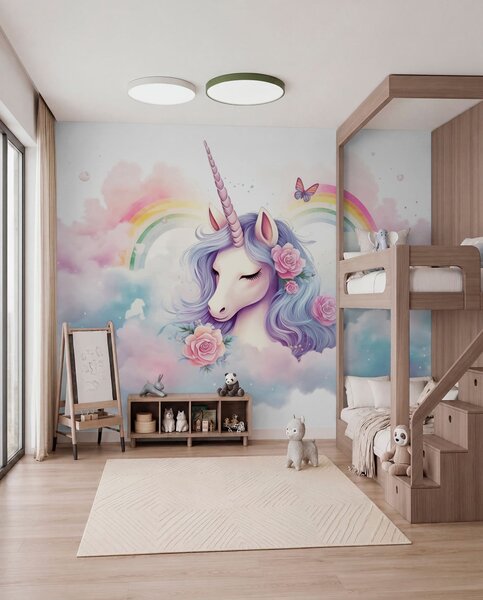 Carta da parati Unicorno pastello tra le nuvole con arcobaleno e rose, Carta da parati per Bambini, Carta da parati gli unicorni, w03990 : Uwalls.it