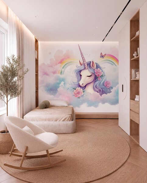 Carta da parati Unicorno pastello tra le nuvole con arcobaleno e rose, Carta da parati per Bambini, Carta da parati gli unicorni, w03990 : Uwalls.it