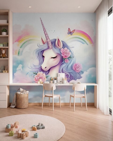 Carta da parati Unicorno pastello tra le nuvole con arcobaleno e rose, Carta da parati per Bambini, Carta da parati gli unicorni, w03990 : Uwalls.it