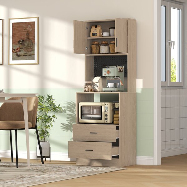 HOMCOM Mobile microonde con 2 cassetti, 2 ante, pannello forato e ganci, Legno naturale | Aosom Italy