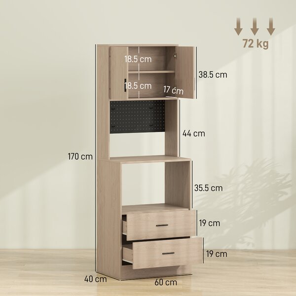 HOMCOM Mobile microonde con 2 cassetti, 2 ante, pannello forato e ganci, Legno naturale | Aosom Italy