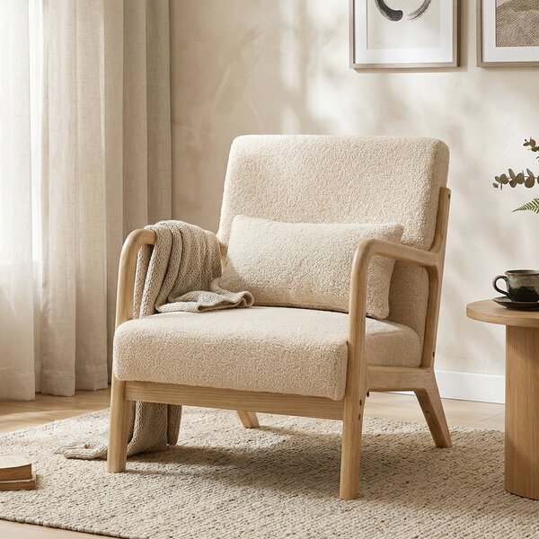 HOMCOM Poltrona lounge in velluto con 3 cuscini e struttura in hevea, Beige | Aosom Italy