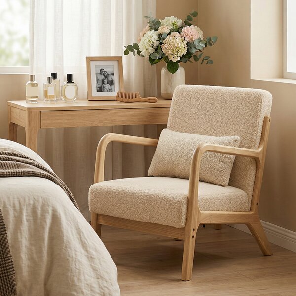 HOMCOM Poltrona lounge in velluto con 3 cuscini e struttura in hevea, Beige | Aosom Italy