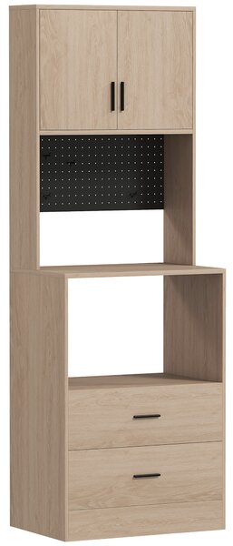 HOMCOM Mobile microonde con 2 cassetti, 2 ante, pannello forato e ganci, Legno naturale | Aosom Italy