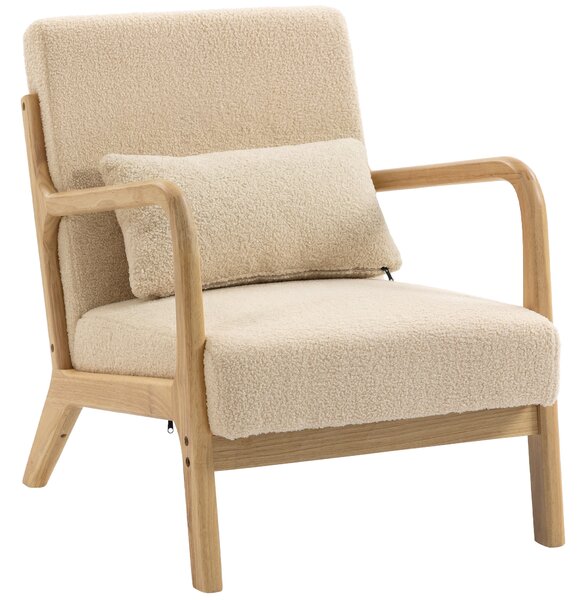HOMCOM Poltrona lounge in velluto con 3 cuscini e struttura in hevea, Beige | Aosom Italy
