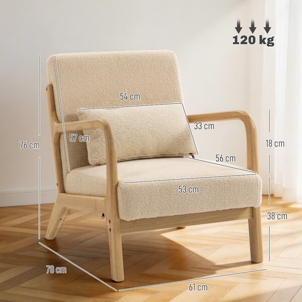 HOMCOM Poltrona lounge in velluto con 3 cuscini e struttura in hevea, Beige | Aosom Italy