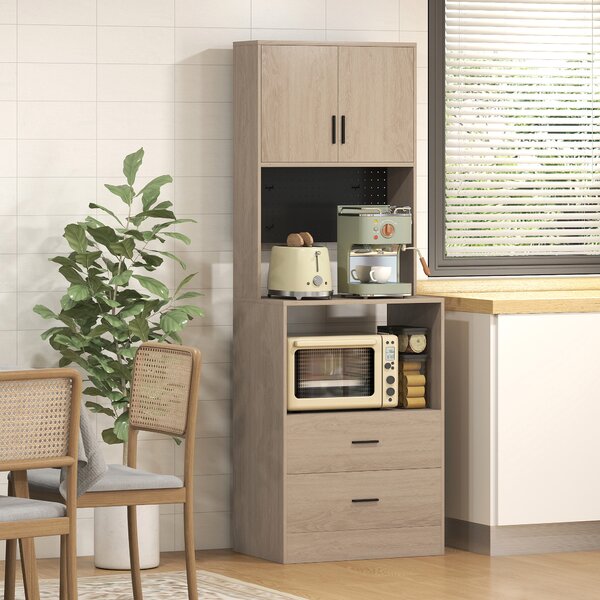 HOMCOM Mobile microonde con 2 cassetti, 2 ante, pannello forato e ganci, Legno naturale | Aosom Italy