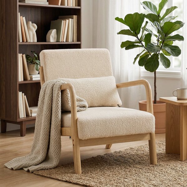 HOMCOM Poltrona lounge in velluto con 3 cuscini e struttura in hevea, Beige | Aosom Italy