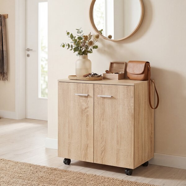 HOMCOM Credenza con ruote, 2 ante e ripiani, 60x35x65 cm, Legno naturale | Aosom Italy