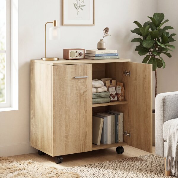 HOMCOM Credenza con ruote, 2 ante e ripiani, 60x35x65 cm, Legno naturale | Aosom Italy