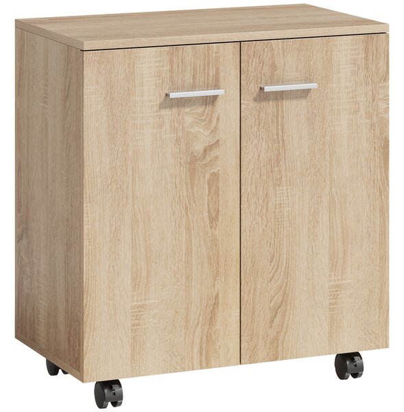 HOMCOM Credenza con ruote, 2 ante e ripiani, 60x35x65 cm, Legno naturale | Aosom Italy