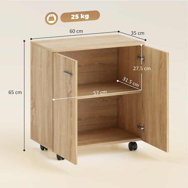 HOMCOM Credenza con ruote, 2 ante e ripiani, 60x35x65 cm, Legno naturale | Aosom Italy