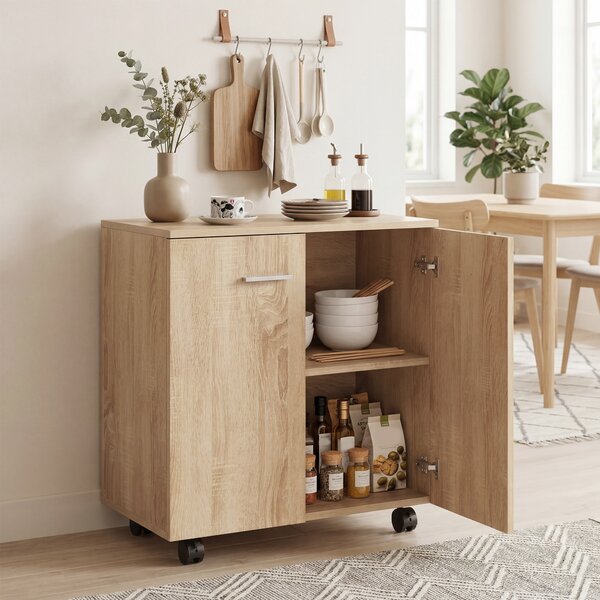 HOMCOM Credenza con ruote, 2 ante e ripiani, 60x35x65 cm, Legno naturale | Aosom Italy