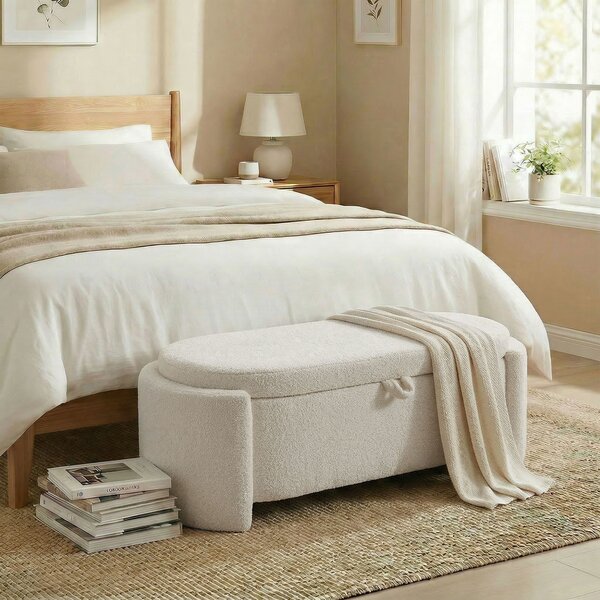 HOMCOM Panca contenitore ovale in tessuto teddy, 129x48,5x44 cm, Crema | Aosom Italy