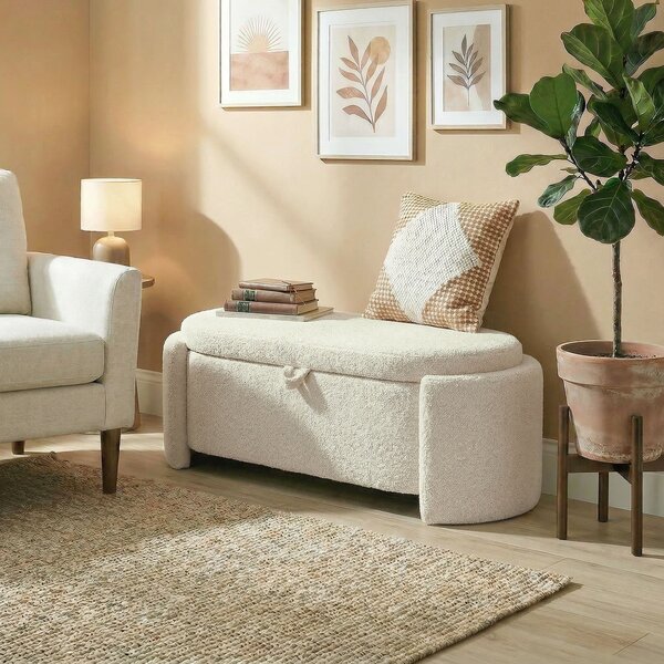 HOMCOM Panca contenitore ovale in tessuto teddy, 129x48,5x44 cm, Crema | Aosom Italy