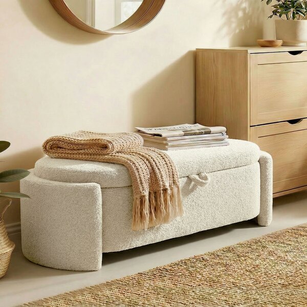 HOMCOM Panca contenitore ovale in tessuto teddy, 129x48,5x44 cm, Crema | Aosom Italy