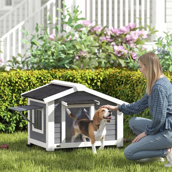 PawHut Cuccia cane in legno impermeabile con tetto asfalto, 98x76x69,5 cm, Grigio | Aosom Italy