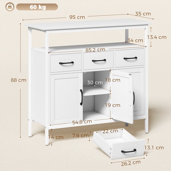 HOMCOM Buffet cucina con 3 porte, 3 cassetti e ripiani regolabili, 95x35x88 cm, Bianco | Aosom Italy