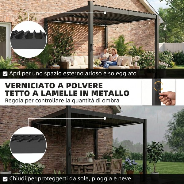 Outsunny Pergola 3 x 3 m con Luci LED Solari e Tetto Lamellare in Metallo, Nero | Aosom Italy