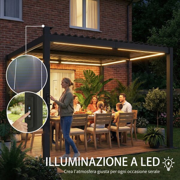 Outsunny Pergola 3 x 3 m con Luci LED Solari e Tetto Lamellare in Metallo, Nero | Aosom Italy