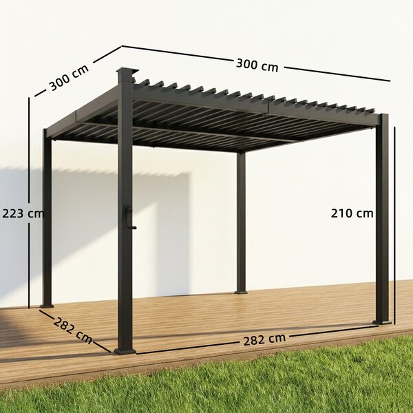 Outsunny Pergola 3 x 3 m con Luci LED Solari e Tetto Lamellare in Metallo, Nero | Aosom Italy