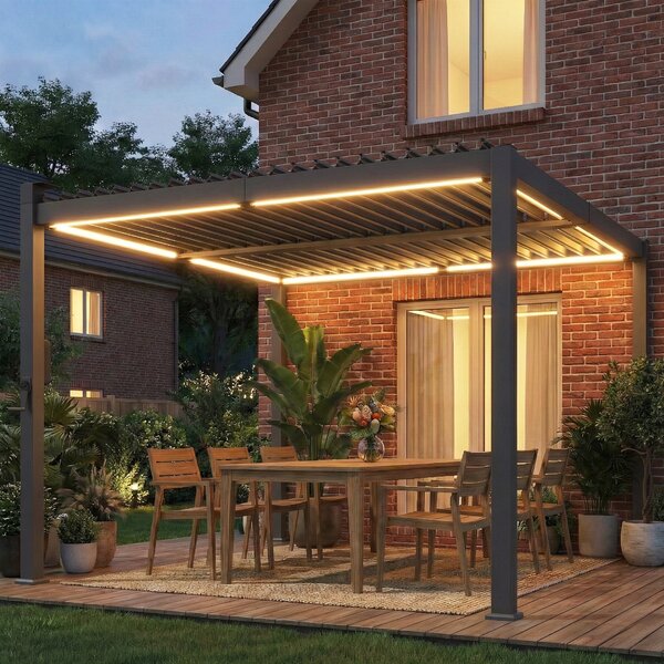 Outsunny Pergola 3 x 3 m con Luci LED Solari e Tetto Lamellare in Metallo, Nero | Aosom Italy
