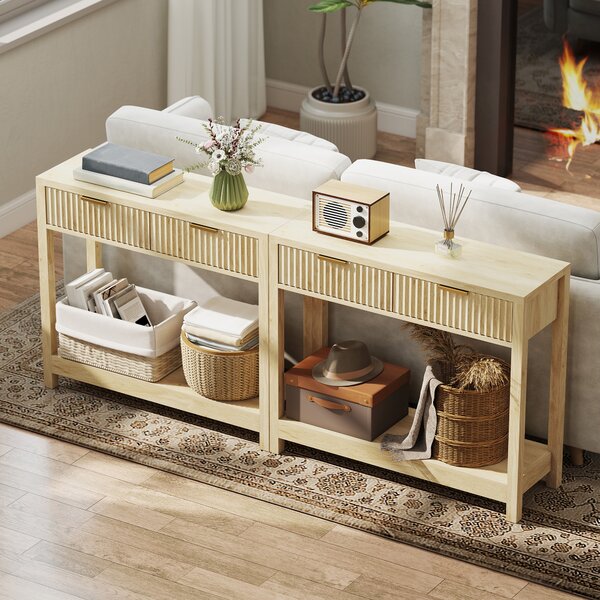 HOMCOM Consolle 90 cm con 2 cassetti scanalati e mensola, Legno naturale | Aosom Italy