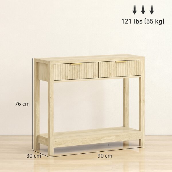 HOMCOM Consolle 90 cm con 2 cassetti scanalati e mensola, Legno naturale | Aosom Italy