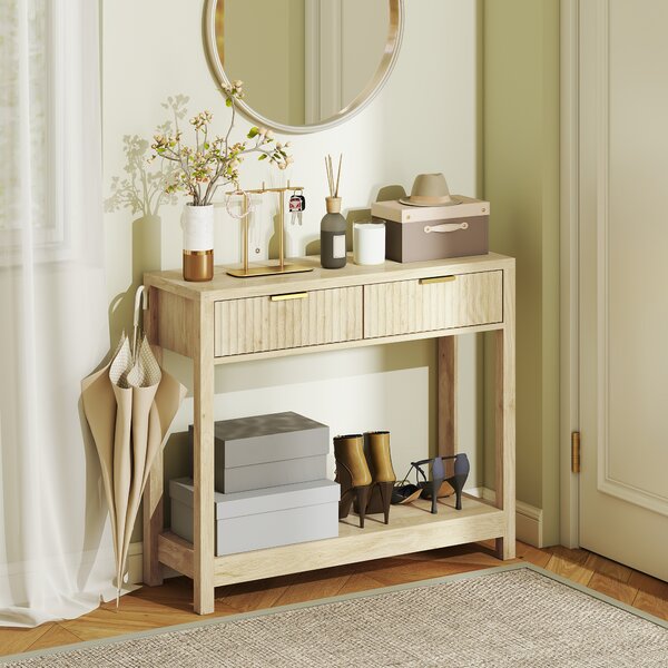 HOMCOM Consolle 90 cm con 2 cassetti scanalati e mensola, Legno naturale | Aosom Italy