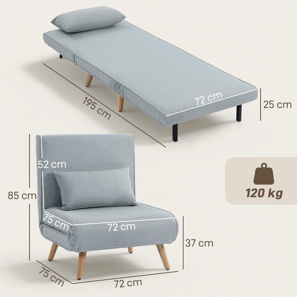 HOMCOM Poltrona letto 3 in 1 con schienale a 5 posizioni e cuscino, Grigio | Aosom Italy