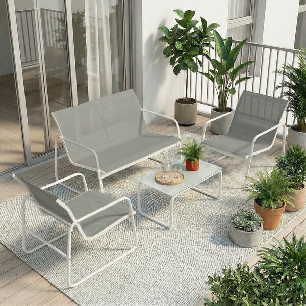 Outsunny Set giardino 4 pezzi con divano 2 posti e tavolo vetro, Grigio chiaro | Aosom Italy