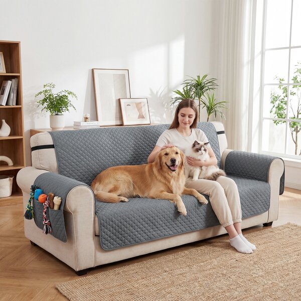 PawHut Copridivano impermeabile 3 posti antiscivolo con tasche, Grigio | Aosom Italy